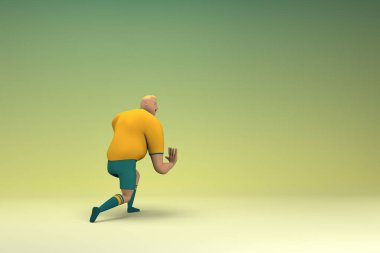 Sarı gömlek ve yeşil pantolon giyen bir atlet. Bir şey çekiyor ya da itiyor. Oyunculuktaki çizgi film karakterinin 3d canlandırması.