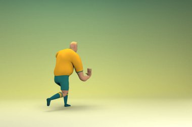 Sarı gömlek ve yeşil pantolon giyen bir atlet. Bir şey çekiyor ya da itiyor. Oyunculuktaki çizgi film karakterinin 3d canlandırması.