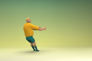 Sarı gömlek ve yeşil pantolon giyen bir atlet. Bir şey çekiyor ya da itiyor. Oyunculuktaki çizgi film karakterinin 3d canlandırması.