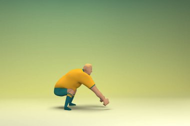 Sarı gömlek ve yeşil pantolon giyen bir atlet. Bir şey çekiyor ya da itiyor. Oyunculuktaki çizgi film karakterinin 3d canlandırması.