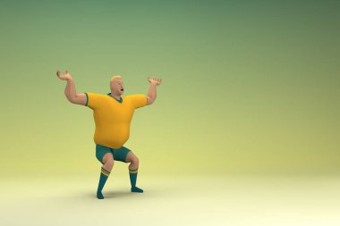 Sarı gömlek ve yeşil pantolon giyen bir atlet. Bir şey çekiyor ya da itiyor. Oyunculuktaki çizgi film karakterinin 3d canlandırması.