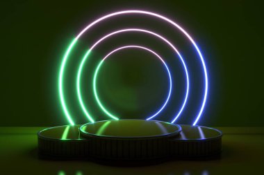 Abstract geometric podium background. Minimalist primitive shapes. Modern mockup. Blank template. Empty showcase. 3d render of shop display