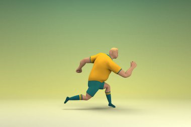 Sarı gömlek ve yeşil pantolon giyen bir atlet koşuyor. Oyunculuktaki çizgi film karakterinin 3d canlandırması.