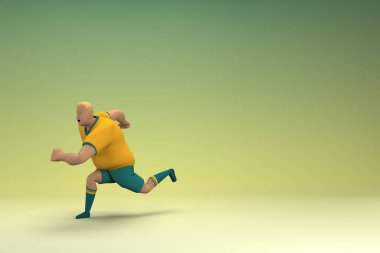 Sarı gömlek ve yeşil pantolon giyen bir atlet koşuyor. Oyunculuktaki çizgi film karakterinin 3d canlandırması.