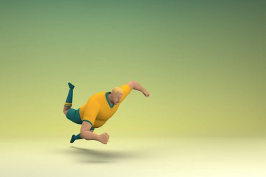 Sarı gömlek ve yeşil pantolon giyen bir atlet. Düşüyor. Düşüyor. Oyunculuktaki çizgi film karakterinin 3d canlandırması.