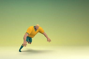 Sarı gömlek ve yeşil pantolon giyen bir atlet. Egzersiz yapıyor. Oyunculuktaki çizgi film karakterinin 3d canlandırması.