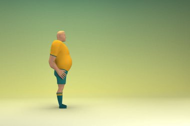 Sarı gömlek ve yeşil pantolon giyen bir atlet konuşurken el ifadesidir. Oyunculuktaki çizgi film karakterinin 3d canlandırması.