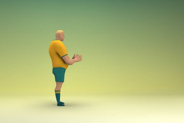 Sarı gömlek ve yeşil pantolon giyen bir atlet konuşurken el ifadesidir. Oyunculuktaki çizgi film karakterinin 3d canlandırması.