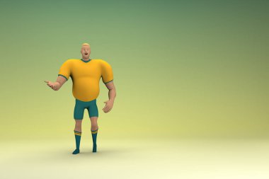 Sarı gömlek ve yeşil pantolon giyen bir atlet konuşurken el ifadesidir. Oyunculuktaki çizgi film karakterinin 3d canlandırması.