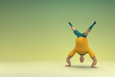 Sarı gömlek ve yeşil pantolon giyen bir atlet. Egzersiz yapıyor. Oyunculuktaki çizgi film karakterinin 3d canlandırması.