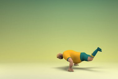 Sarı gömlek ve yeşil pantolon giyen bir atlet. Egzersiz yapıyor. Oyunculuktaki çizgi film karakterinin 3d canlandırması.