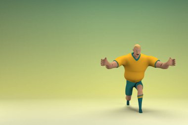 Sarı gömlek ve yeşil pantolon giyen bir atlet. Bir şey çekiyor ya da itiyor. Oyunculuktaki çizgi film karakterinin 3d canlandırması.