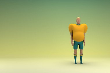 Sarı gömlek ve yeşil pantolon giyen bir atlet konuşurken el ifadesidir. Oyunculuktaki çizgi film karakterinin 3d canlandırması.