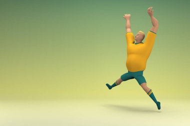Sarı gömlek ve yeşil pantolon giyen bir atlet. Egzersiz yapıyor. Oyunculuktaki çizgi film karakterinin 3d canlandırması.
