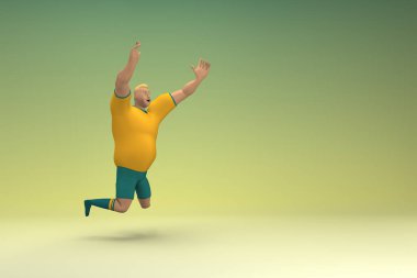 Sarı gömlek ve yeşil pantolon giyen bir atlet atlıyor. Oyunculuktaki çizgi film karakterinin 3d canlandırması.