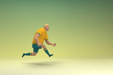 Sarı gömlek ve yeşil pantolon giyen bir atlet koşuyor. Oyunculuktaki çizgi film karakterinin 3d canlandırması.