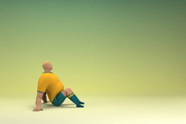 An athlete wearing a yellow shirt and green pants. He is sitting. 3d rendering of cartoon character in acting.