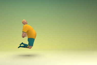 Sarı gömlek ve yeşil pantolon giyen bir atlet atlıyor. Oyunculuktaki çizgi film karakterinin 3d canlandırması.