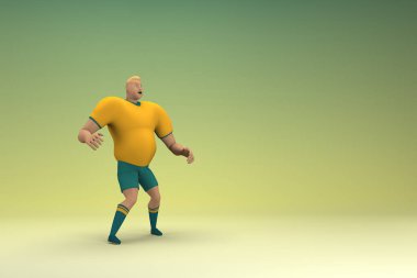 Sarı gömlek ve yeşil pantolon giyen bir atlet. Egzersiz yapıyor. Oyunculuktaki çizgi film karakterinin 3d canlandırması.