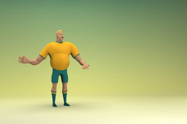 Sarı gömlek ve yeşil pantolon giyen bir atlet konuşurken el ifadesidir. Oyunculuktaki çizgi film karakterinin 3d canlandırması.