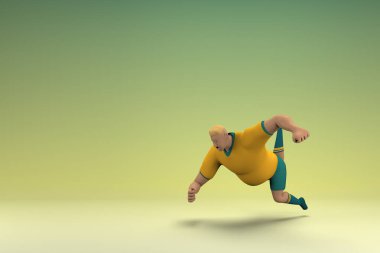 Sarı gömlek ve yeşil pantolon giyen bir atlet. Düşüyor. Düşüyor. Oyunculuktaki çizgi film karakterinin 3d canlandırması.