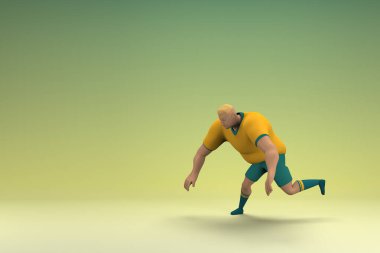 Sarı gömlek ve yeşil pantolon giyen bir atlet. Egzersiz yapıyor. Oyunculuktaki çizgi film karakterinin 3d canlandırması.