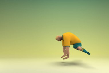 Sarı gömlek ve yeşil pantolon giyen bir atlet. Egzersiz yapıyor. Oyunculuktaki çizgi film karakterinin 3d canlandırması.
