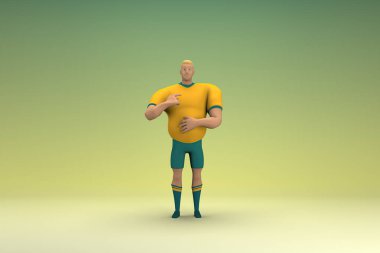 Sarı gömlek ve yeşil pantolon giyen bir atlet konuşurken el ifadesidir. Oyunculuktaki çizgi film karakterinin 3d canlandırması.