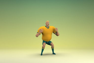 Sarı gömlek ve yeşil pantolon giyen bir atlet konuşurken el ifadesidir. Oyunculuktaki çizgi film karakterinin 3d canlandırması.