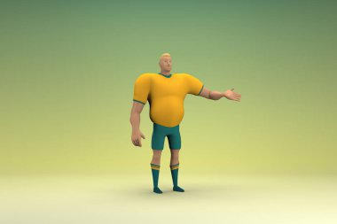 Sarı gömlek ve yeşil pantolon giyen bir atlet konuşurken el ifadesidir. Oyunculuktaki çizgi film karakterinin 3d canlandırması.