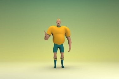 Sarı gömlek ve yeşil pantolon giyen bir atlet konuşurken el ifadesidir. Oyunculuktaki çizgi film karakterinin 3d canlandırması.