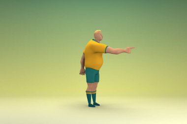 Sarı gömlek ve yeşil pantolon giyen bir atlet konuşurken el ifadesidir. Oyunculuktaki çizgi film karakterinin 3d canlandırması.