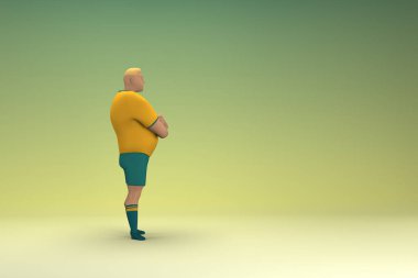 Sarı gömlek ve yeşil pantolon giyen bir atlet konuşurken el ifadesidir. Oyunculuktaki çizgi film karakterinin 3d canlandırması.