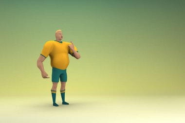 Sarı gömlek ve yeşil pantolon giyen bir atlet konuşurken el ifadesidir. Oyunculuktaki çizgi film karakterinin 3d canlandırması.