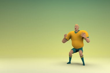 Sarı gömlek ve yeşil pantolon giyen bir atlet konuşurken el ifadesidir. Oyunculuktaki çizgi film karakterinin 3d canlandırması.