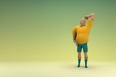 Sarı gömlek ve yeşil pantolon giyen bir atlet konuşurken el ifadesidir. Oyunculuktaki çizgi film karakterinin 3d canlandırması.