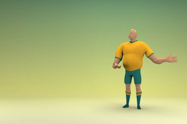 Sarı gömlek ve yeşil pantolon giyen bir atlet konuşurken el ifadesidir. Oyunculuktaki çizgi film karakterinin 3d canlandırması.