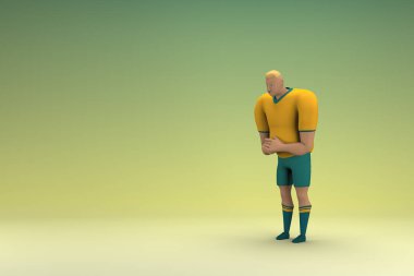 Sarı gömlek ve yeşil pantolon giyen bir atlet konuşurken el ifadesidir. Oyunculuktaki çizgi film karakterinin 3d canlandırması.