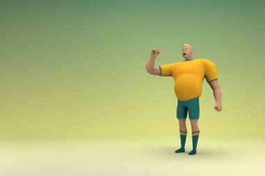 Sarı gömlek ve yeşil pantolon giyen bir atlet konuşurken el ifadesidir. Oyunculuktaki çizgi film karakterinin 3d canlandırması.