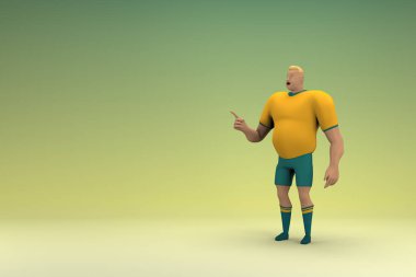 Sarı gömlek ve yeşil pantolon giyen bir atlet konuşurken el ifadesidir. Oyunculuktaki çizgi film karakterinin 3d canlandırması.