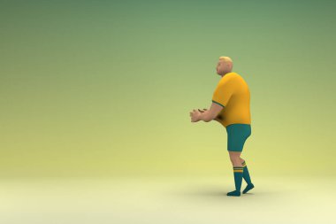 Sarı gömlek ve yeşil pantolon giyen bir atlet konuşurken el ifadesidir. Oyunculuktaki çizgi film karakterinin 3d canlandırması.