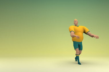 Sarı gömlek ve yeşil pantolon giyen bir atlet konuşurken el ifadesidir. Oyunculuktaki çizgi film karakterinin 3d canlandırması.