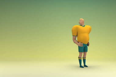 Sarı gömlek ve yeşil pantolon giyen bir atlet konuşurken el ifadesidir. Oyunculuktaki çizgi film karakterinin 3d canlandırması.