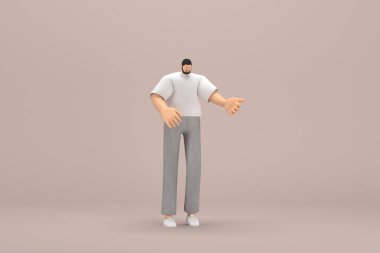 Gri kadife pantolon ve beyaz yakalı tişört giyen sakallı adam. O, konuşurken el ifadesidir. Oyunculuktaki çizgi film karakterinin 3d canlandırması.