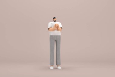 Gri kadife pantolon ve beyaz yakalı tişört giyen sakallı adam. O, konuşurken el ifadesidir. Oyunculuktaki çizgi film karakterinin 3d canlandırması.