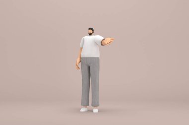 Gri kadife pantolon ve beyaz yakalı tişört giyen sakallı adam. O, konuşurken el ifadesidir. Oyunculuktaki çizgi film karakterinin 3d canlandırması.