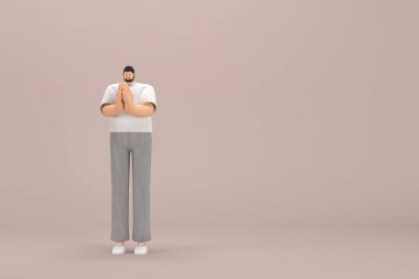 Gri kadife pantolon ve beyaz yakalı tişört giyen sakallı adam. O, konuşurken el ifadesidir. Oyunculuktaki çizgi film karakterinin 3d canlandırması.