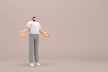 Gri kadife pantolon ve beyaz yakalı tişört giyen sakallı adam. O, konuşurken el ifadesidir. Oyunculuktaki çizgi film karakterinin 3d canlandırması.