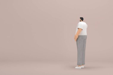 Gri kadife pantolon ve beyaz yakalı tişört giyen sakallı adam. O, konuşurken el ifadesidir. Oyunculuktaki çizgi film karakterinin 3d canlandırması.