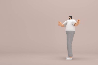 Gri kadife pantolon ve beyaz yakalı tişört giyen sakallı adam. O, konuşurken el ifadesidir. Oyunculuktaki çizgi film karakterinin 3d canlandırması.